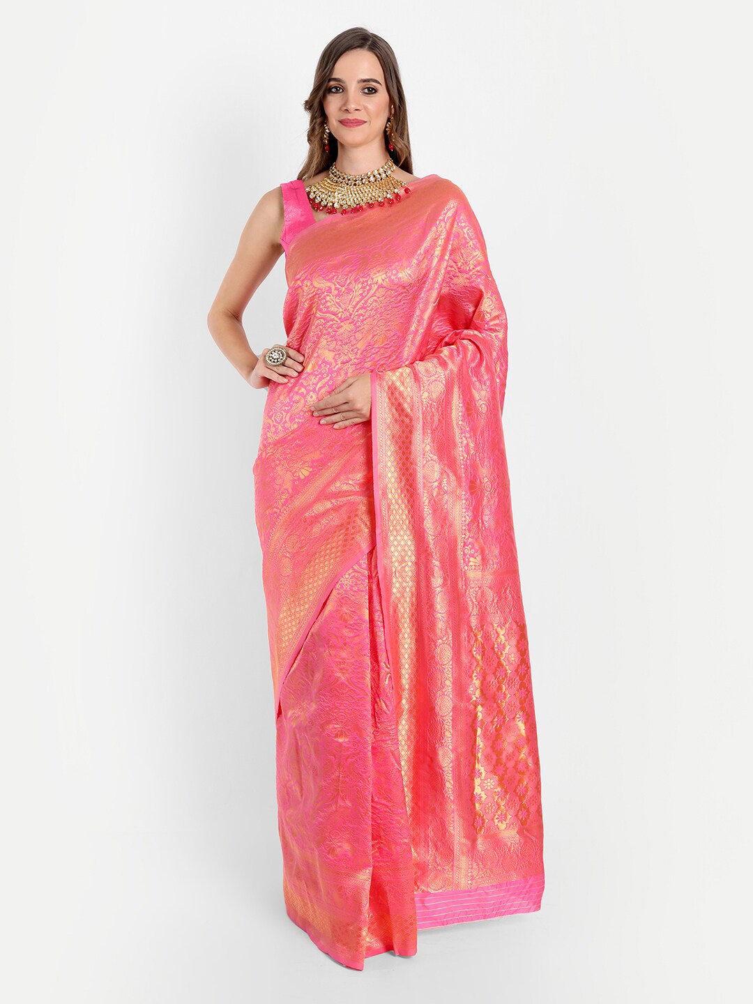 

ASPORA Pink & Gold-Toned Floral Silk Blend Kanjeevaram Saree
