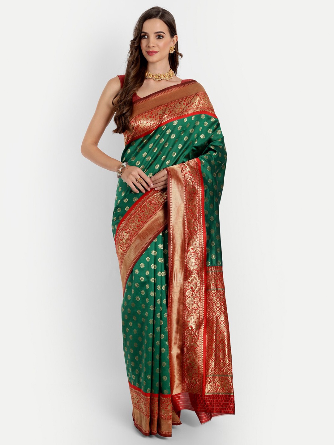 

ASPORA Green & Red Woven Design Silk Blend Banarasi Saree