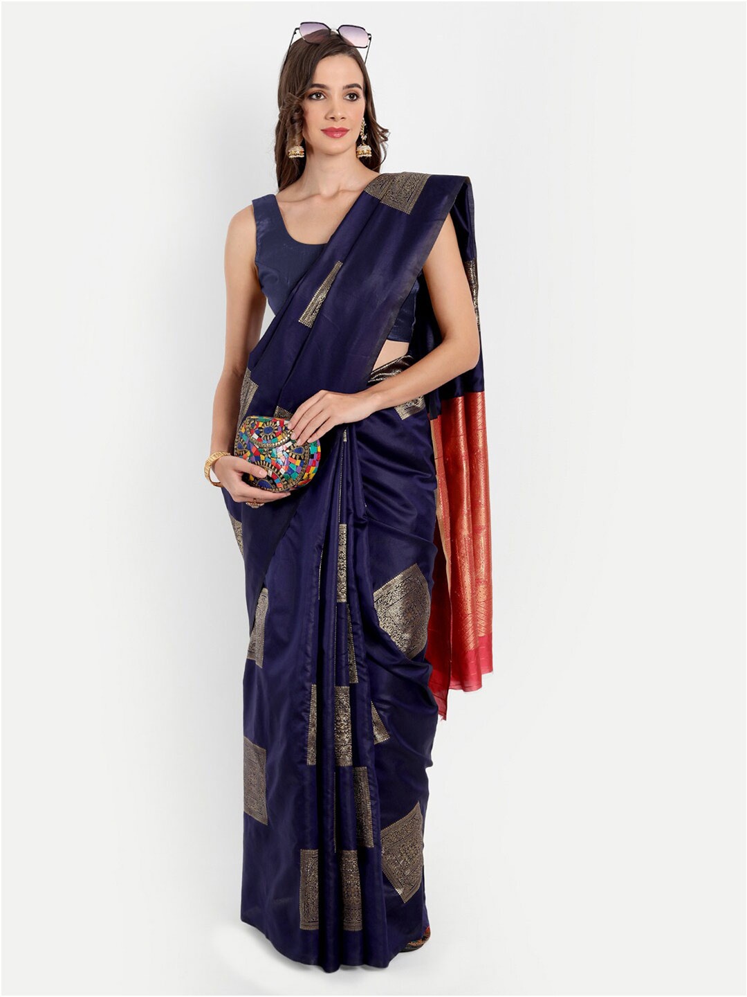 

ASPORA Navy Blue & Pink Woven Design Zari Silk Blend Kanjeevaram Saree