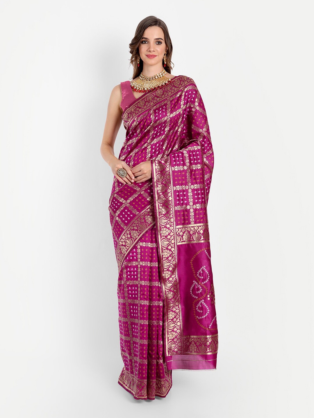 

ASPORA Pink & Gold-Toned Bandhani Silk Blend Kanjeevaram Saree
