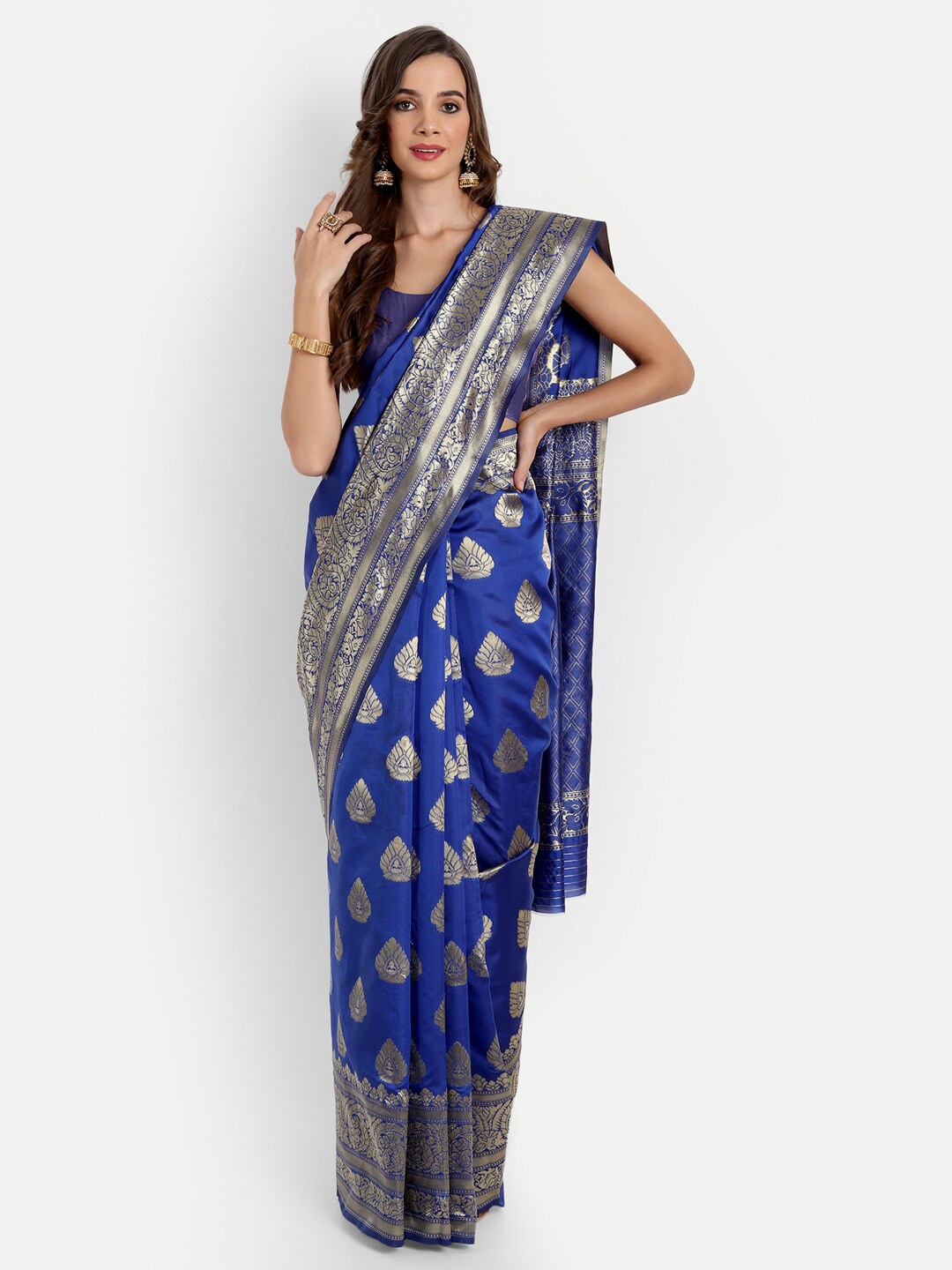 

ASPORA Blue & Gold-Toned Woven Design Zari Silk Blend Banarasi Saree