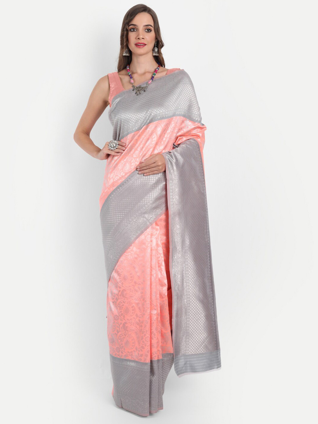

ASPORA Pink & Silver-Toned Woven Design Zari Silk Blend Banarasi Saree