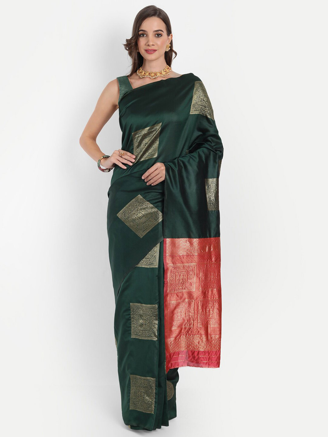 

ASPORA Green & Golden Ethnic Motifs Zari Silk Blend Kanjeevaram Saree
