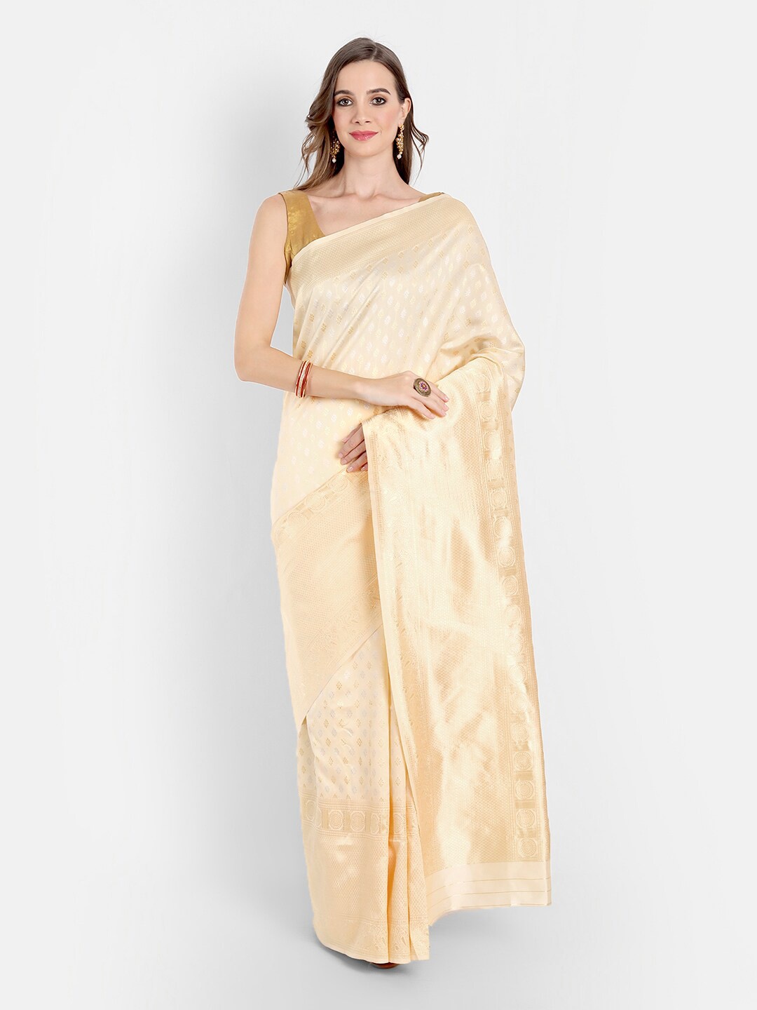 

ASPORA Cream-Coloured Ethnic Motifs Zari Silk Blend Kanjeevaram Saree