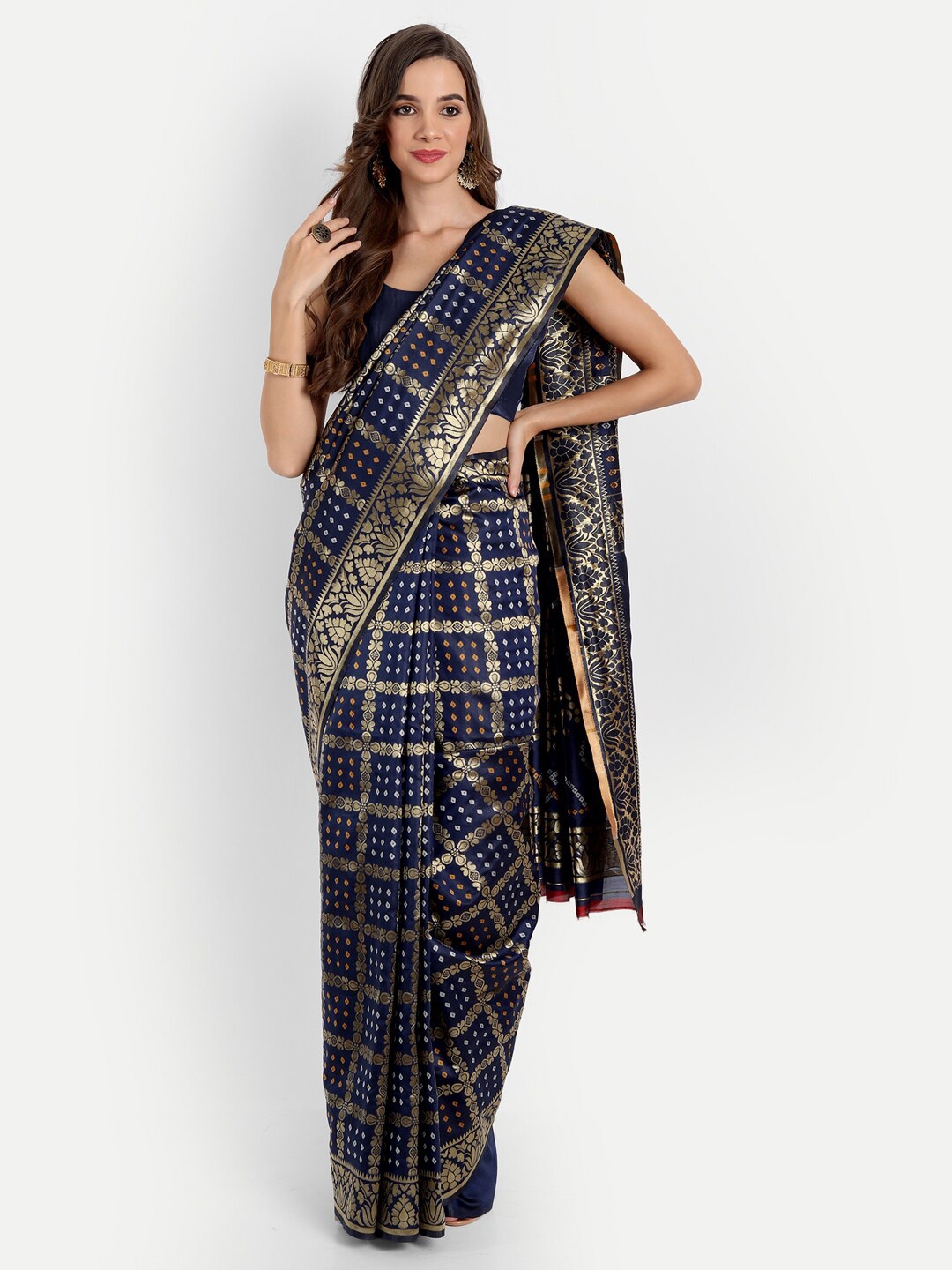 

ASPORA Navy Blue & Gold-Toned Woven Design Zari Silk Blend Banarasi Saree