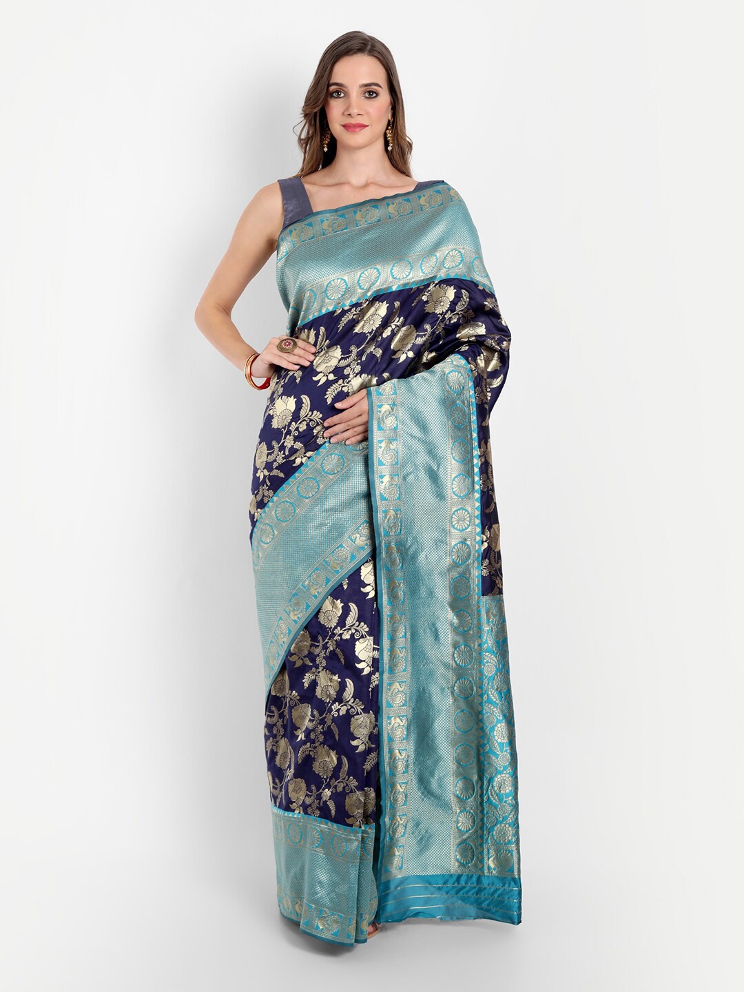 

ASPORA Navy Blue & Gold-Toned Woven Design Zari Kanjeevaram Saree