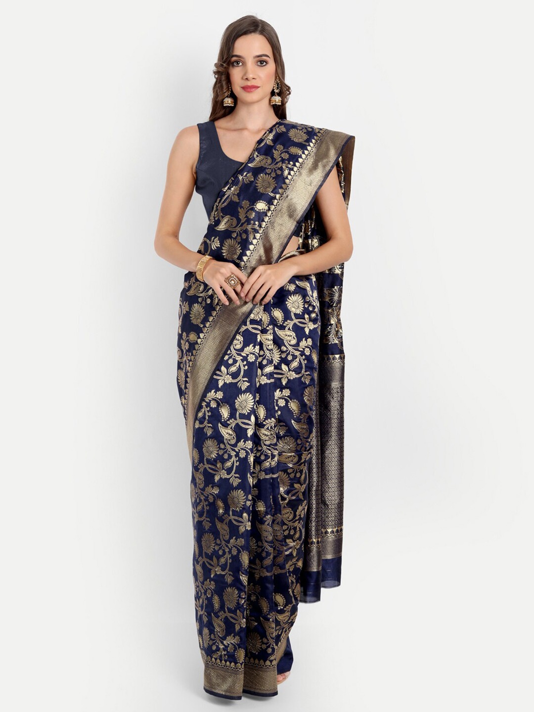 

ASPORA Navy Blue & Bronze-Toned Woven Design Zari Silk Blend Banarasi Saree