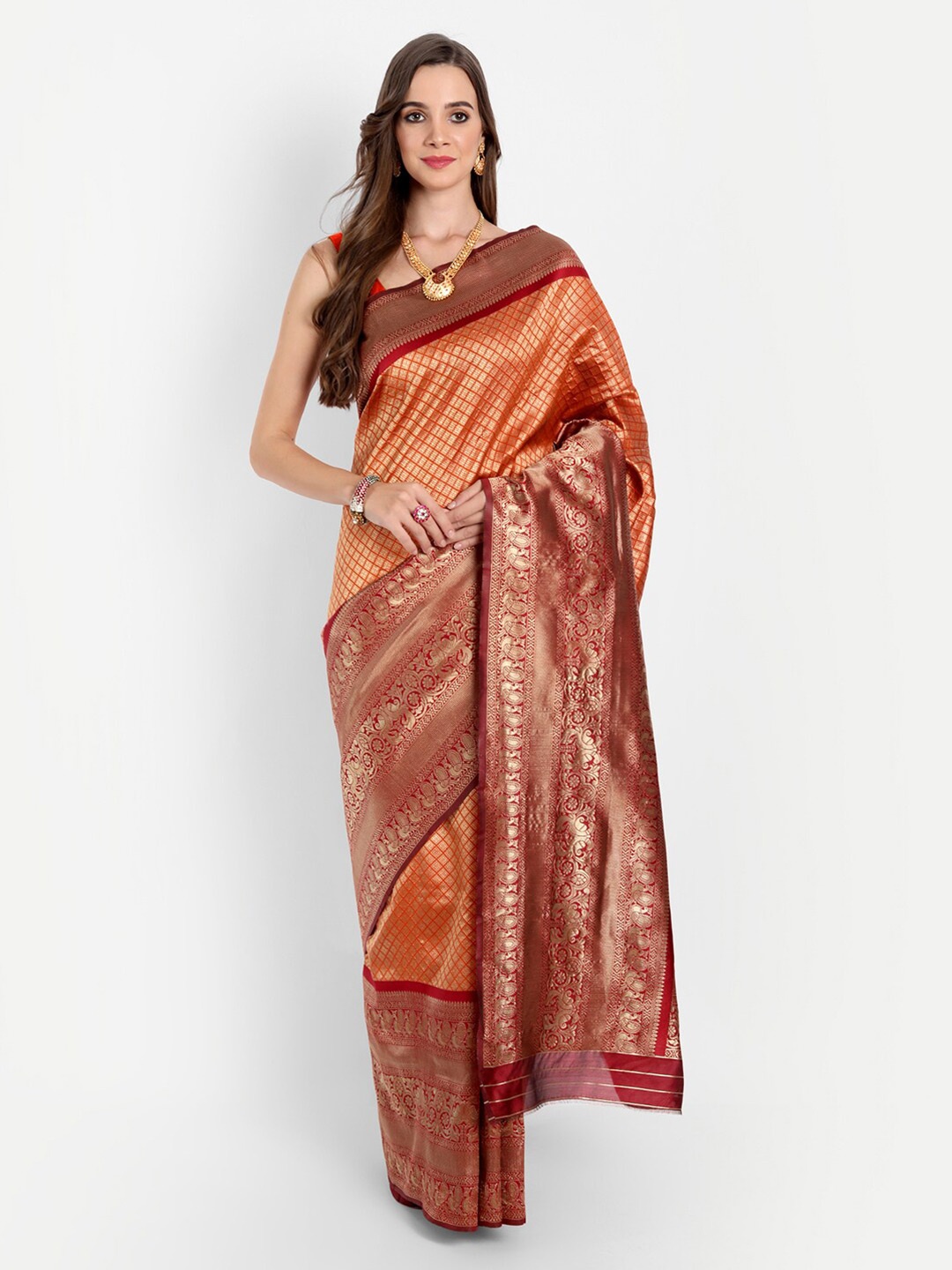 

ASPORA Orange & Red Woven Design Zari Silk Blend Banarasi Saree