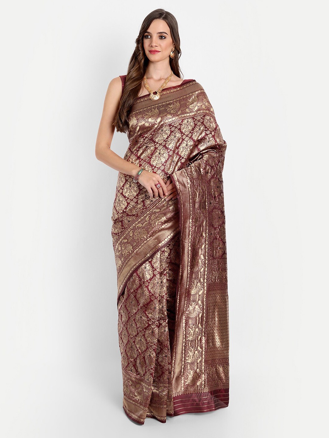 

ASPORA Maroon & Golden Ethnic Motifs Zari Silk Blend Kanjeevaram Saree