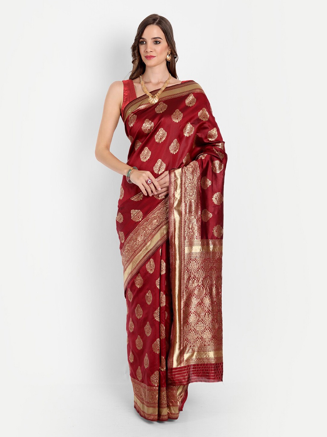 

ASPORA Maroon & Gold-Toned Floral Zari Silk Blend Kanjeevaram Saree
