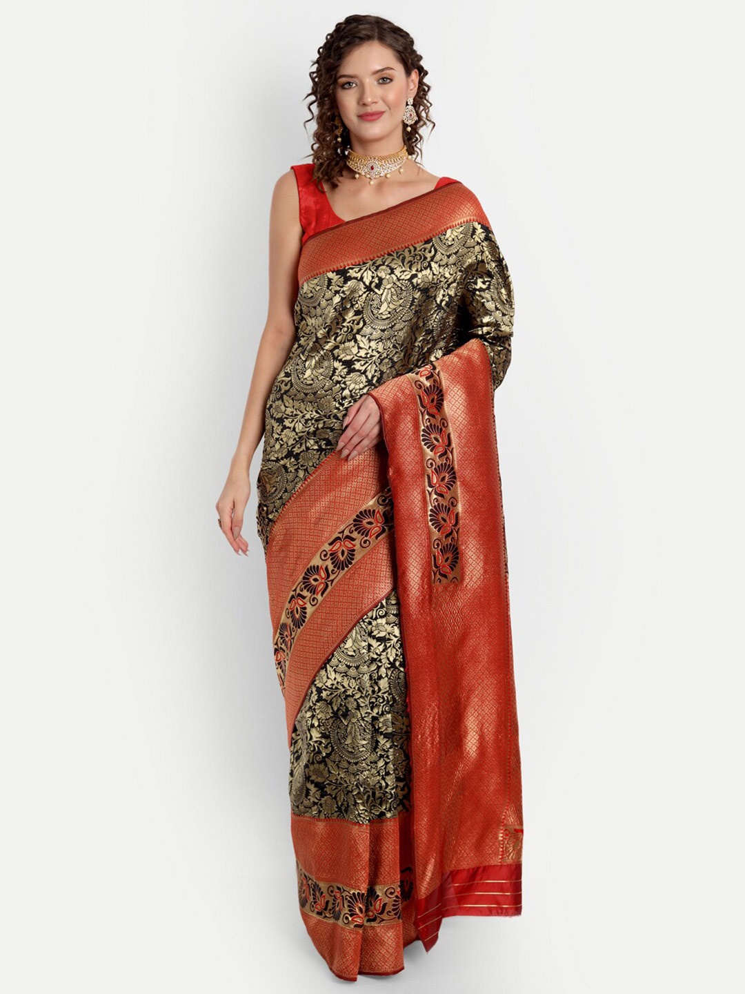 

ASPORA Black & Red Floral Zari Silk Blend Banarasi Saree