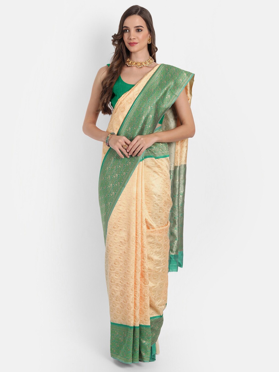 

ASPORA Cream-Coloured & Green Woven Design Silk Blend Banarasi Saree