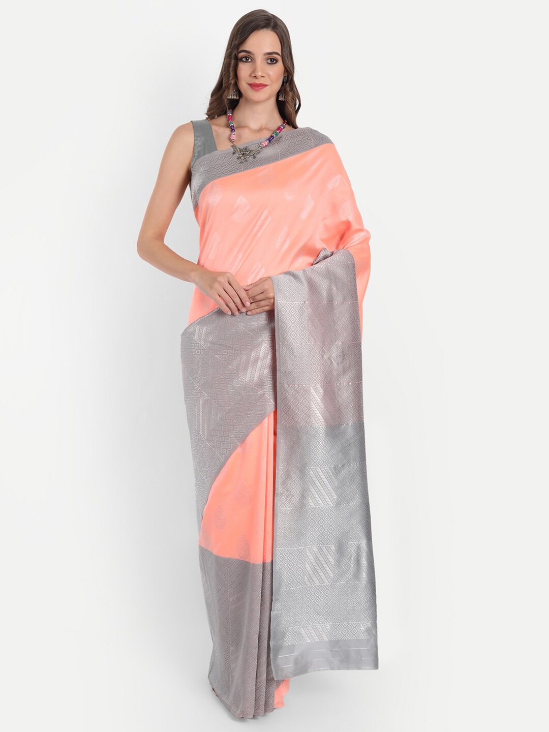 

ASPORA Pink & Silver-Toned Floral Zari Silk Blend Banarasi Saree
