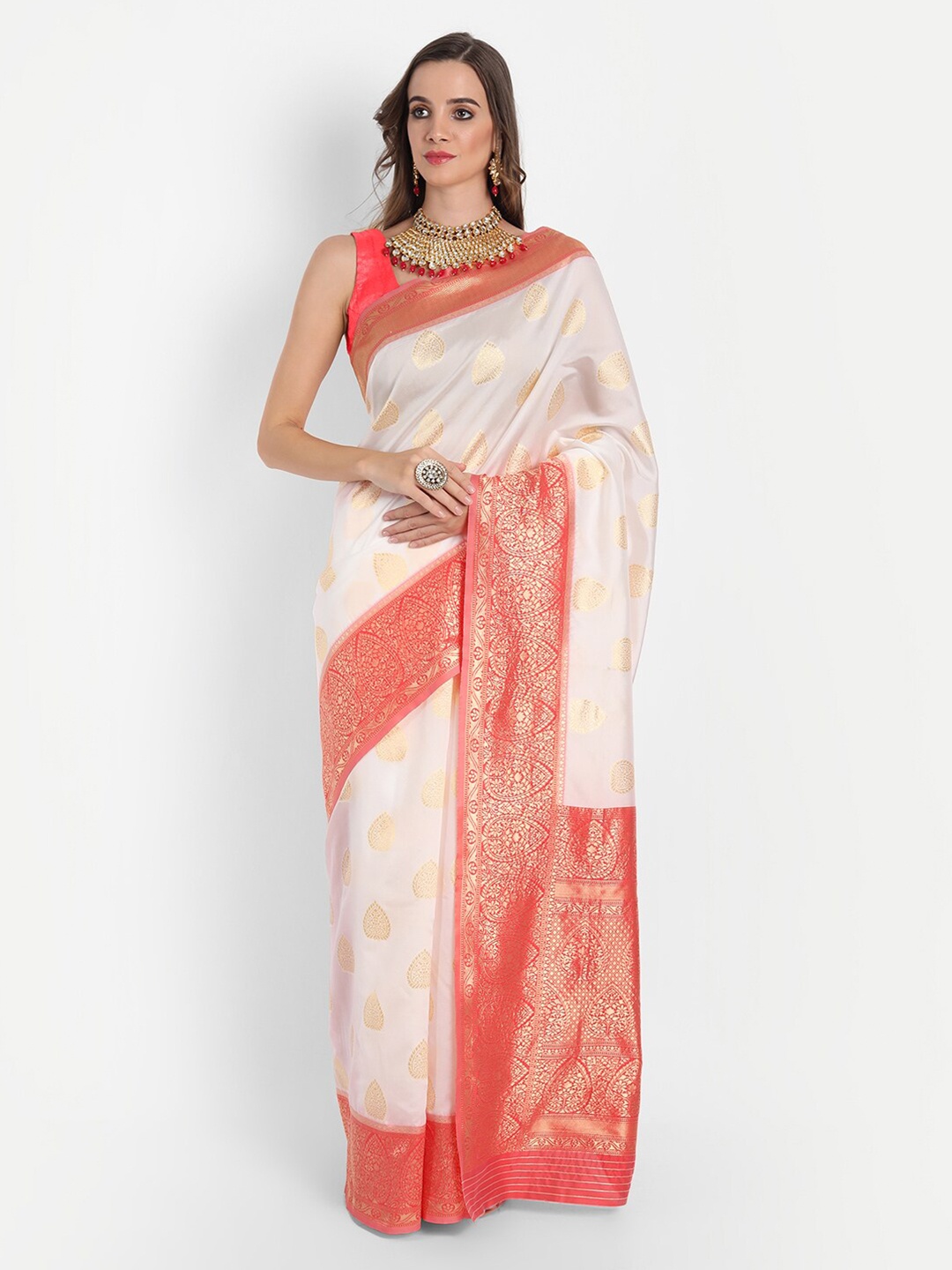 

ASPORA White & Orange Woven Design Zari Silk Blend Kanjeevaram Saree