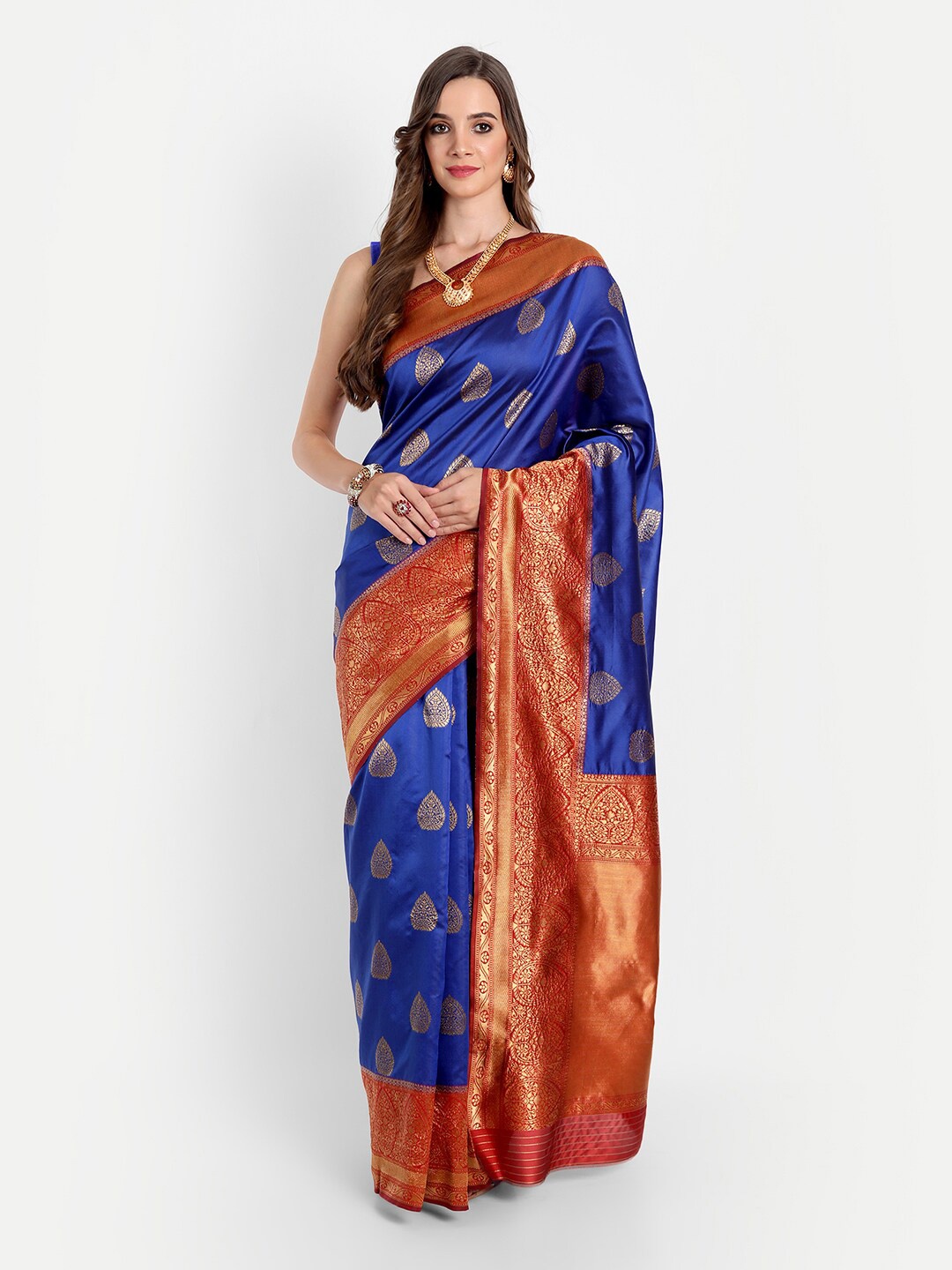 

ASPORA Blue & Red Ethnic Motifs Zari Woven Design Kanjeevaram Saree
