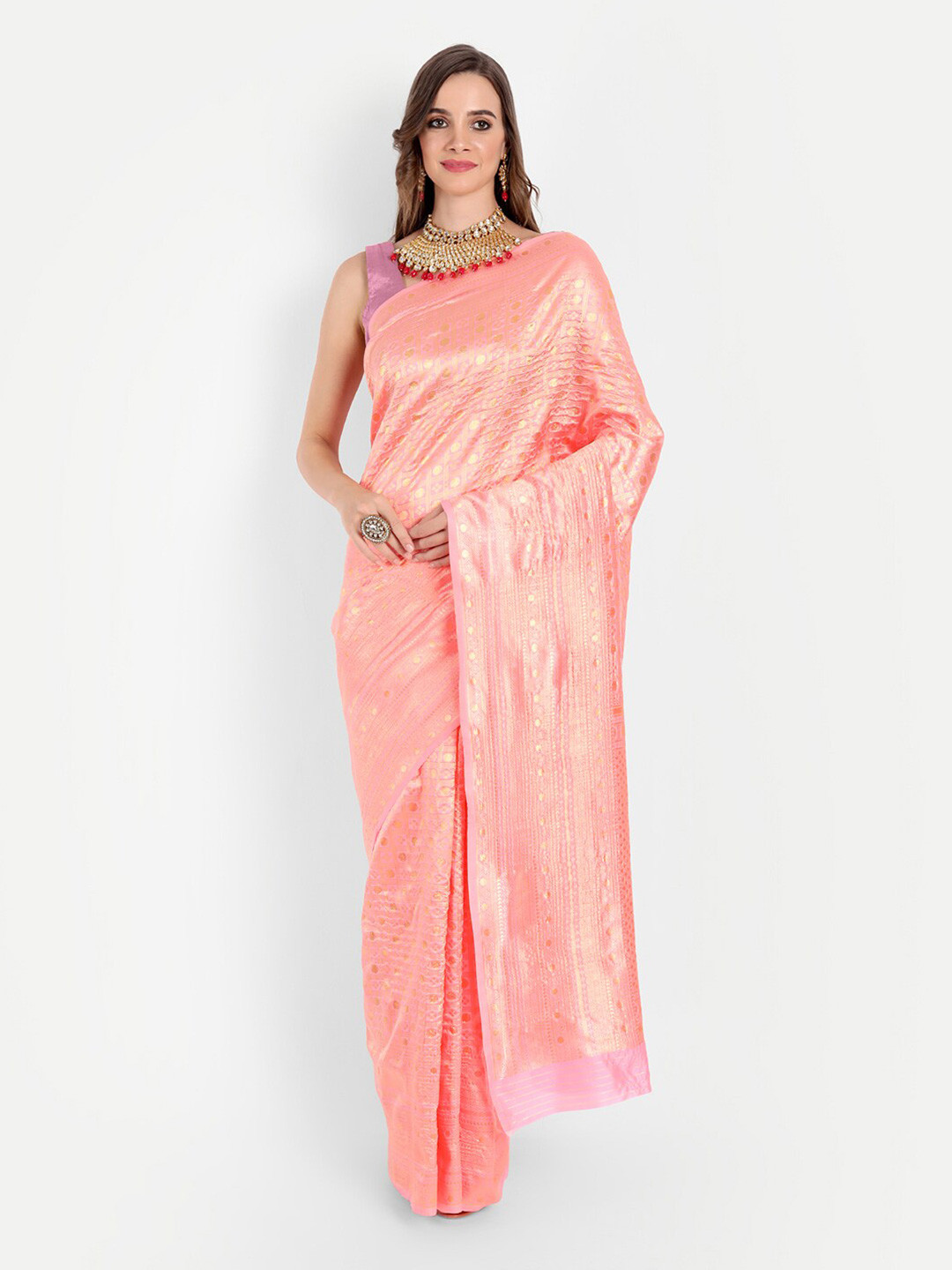 

ASPORA Pink & Golden Checked Zari Silk Blend Kanjeevaram Saree