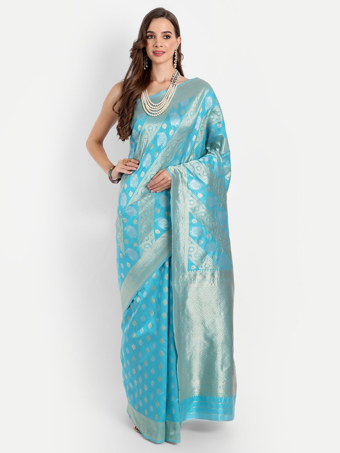 

ASPORA Blue & Golden Ethnic Motifs Zari Silk Blend Kanjeevaram Saree