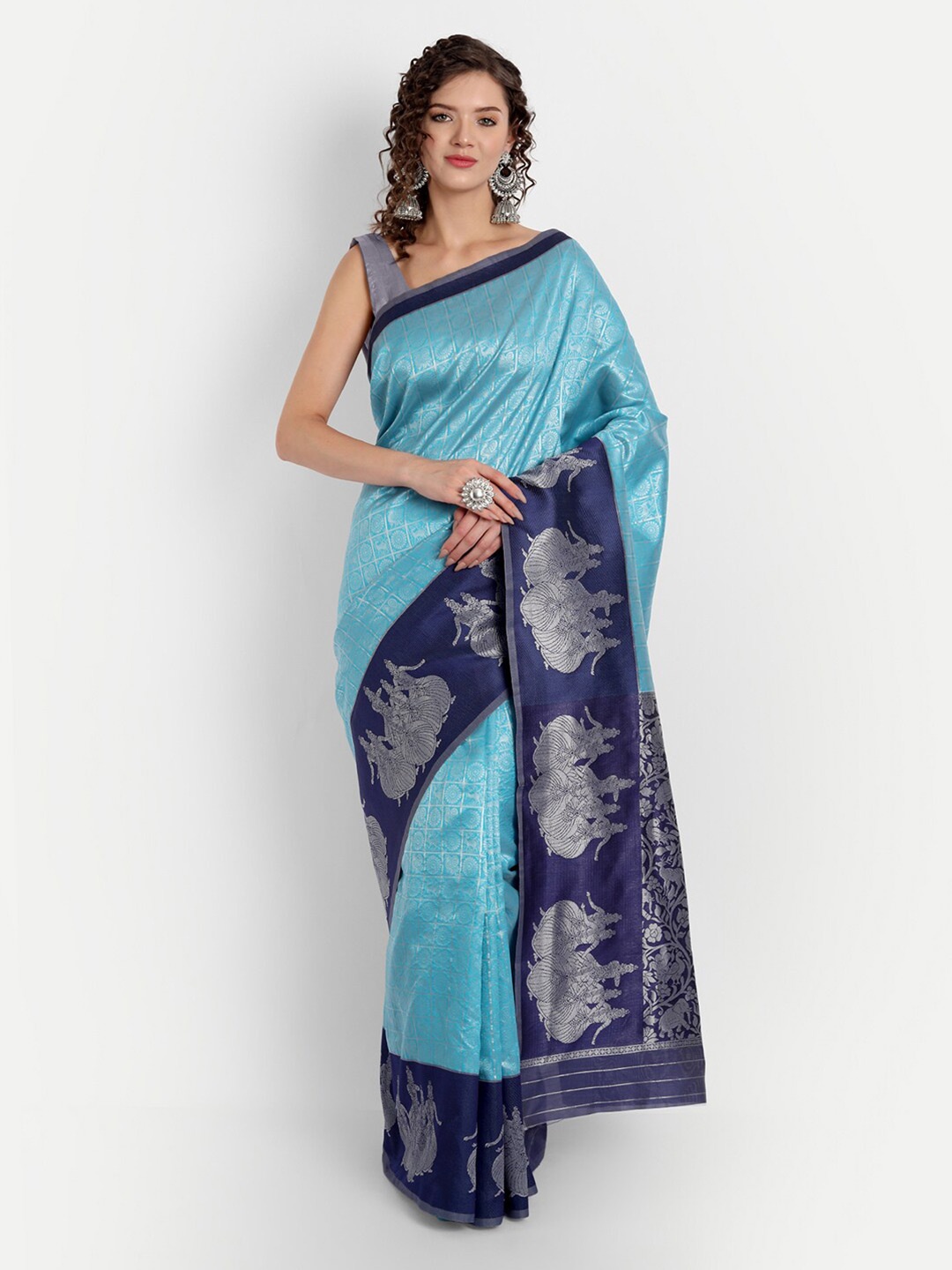 

ASPORA Blue & Silver-Toned Ethnic Motifs Zari Silk Blend Banarasi Saree