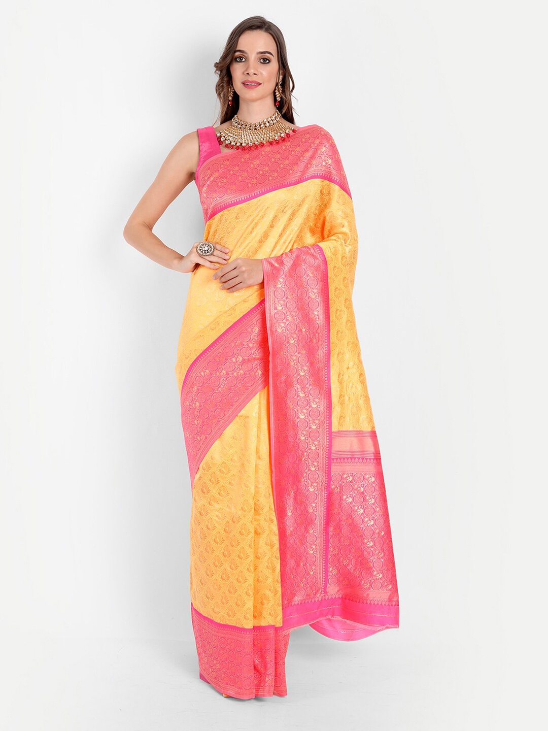 

ASPORA Yellow & Pink Woven Design Silk Blend Banarasi Saree