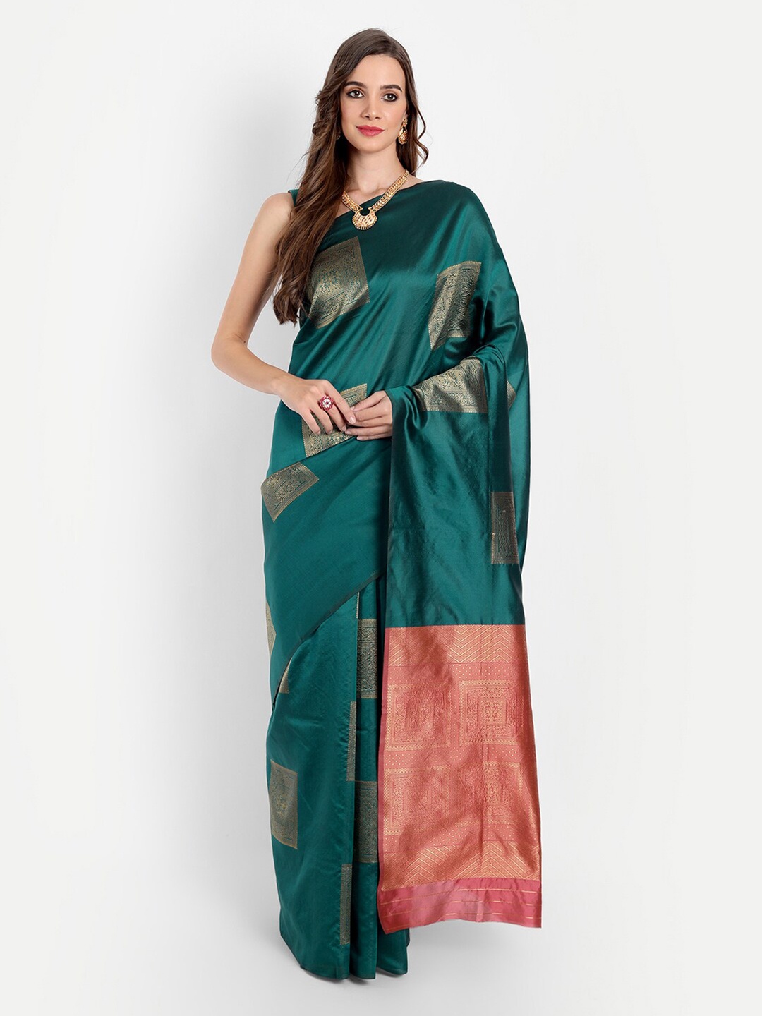 

ASPORA Green & Red Floral Zari Silk Blend Kanjeevaram Saree