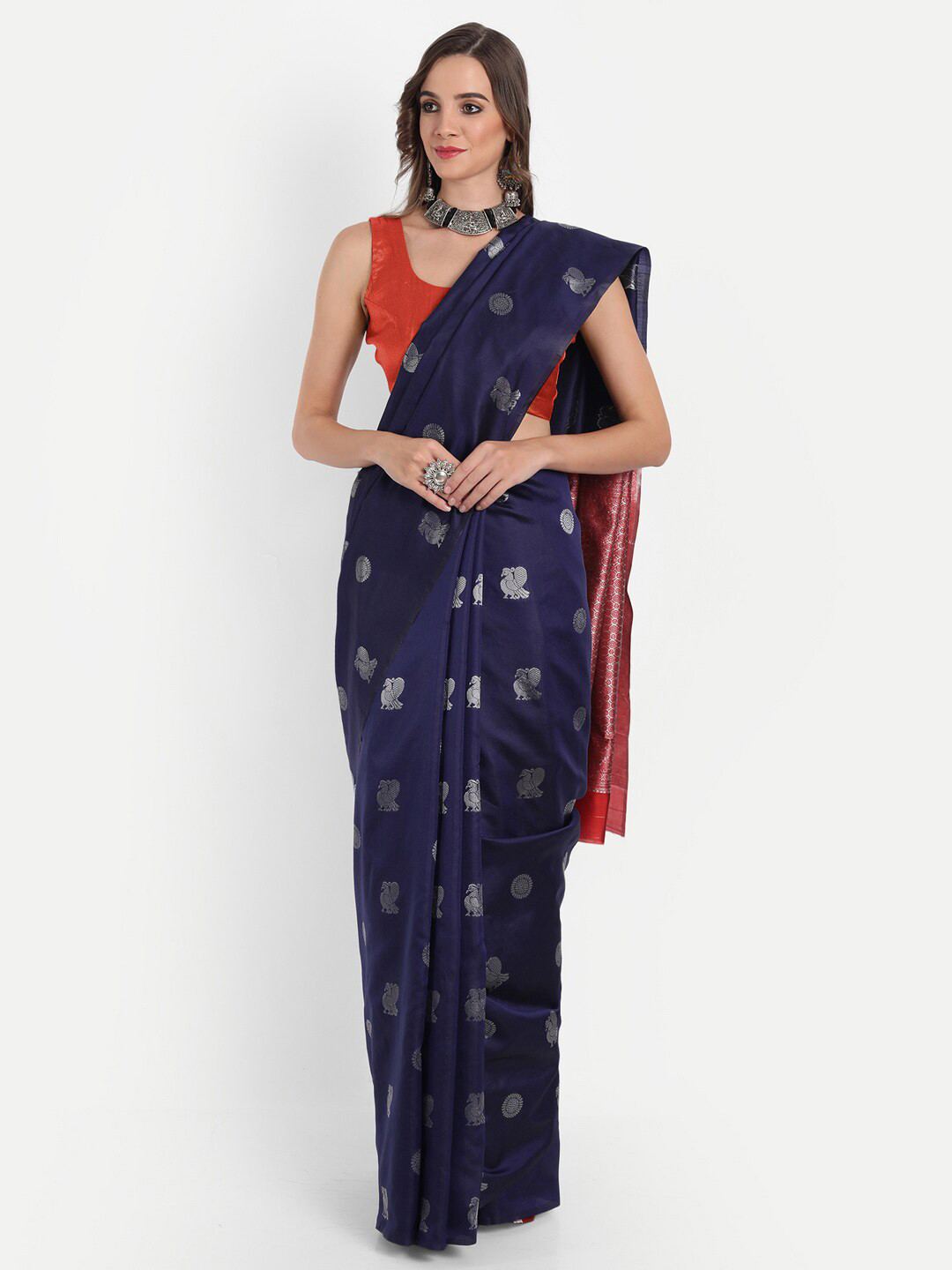 

ASPORA Blue & Red Floral Zari Silk Blend Kanjeevaram Saree