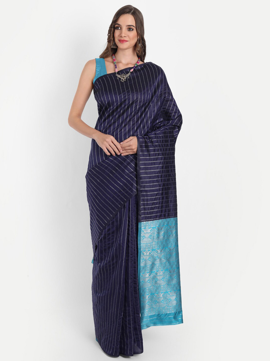 

ASPORA Navy Blue & Turquoise Blue Striped Zari Silk Blend Kanjeevaram Saree