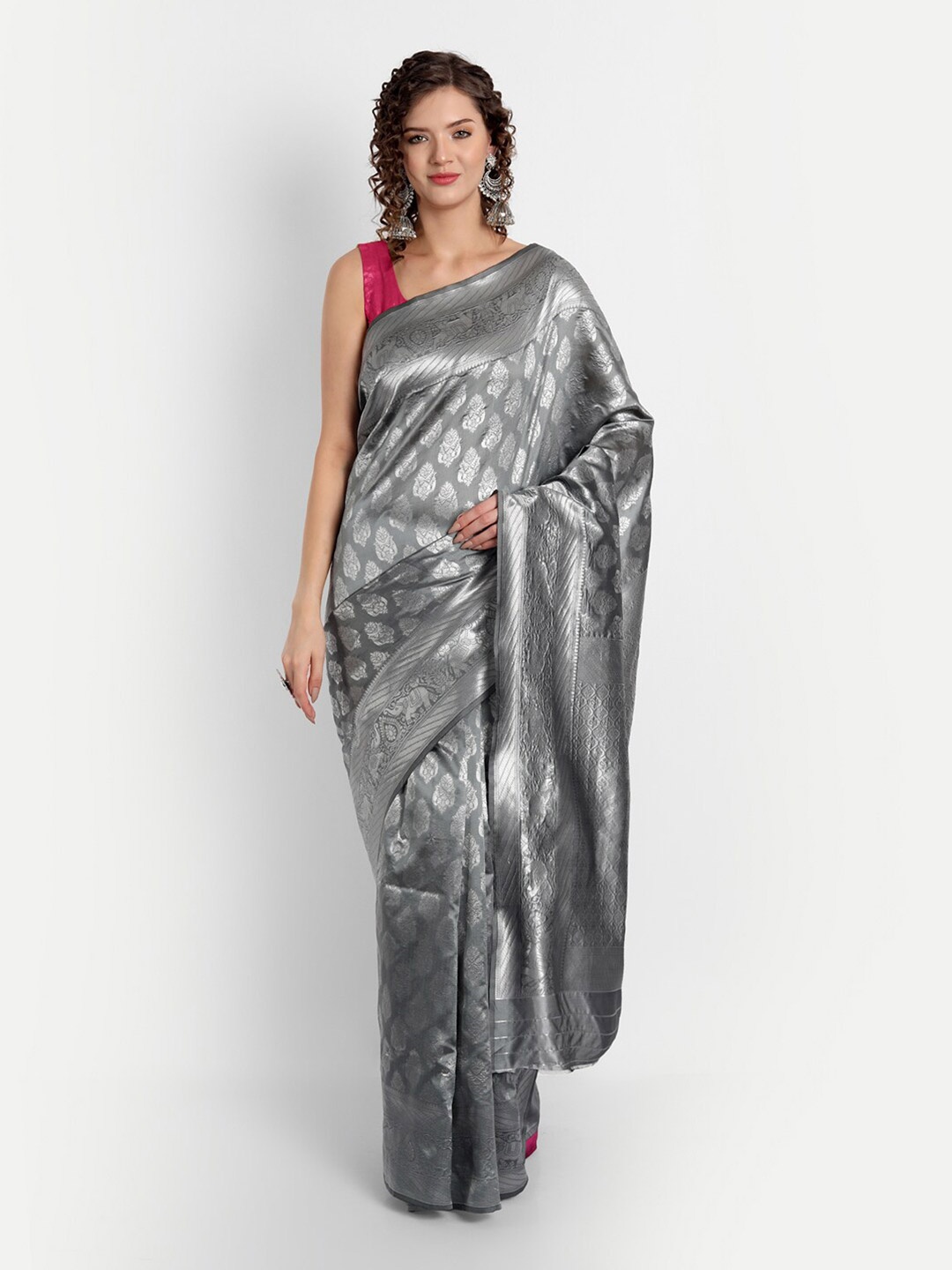 

ASPORA Grey Floral Zari Silk Blend Banarasi Saree
