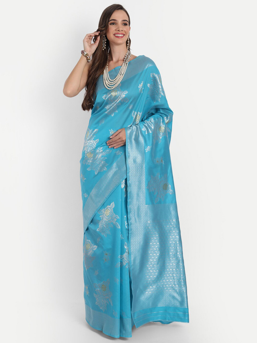 

ASPORA Blue & Silver-Toned Woven Design Zari Silk Blend Banarasi Saree