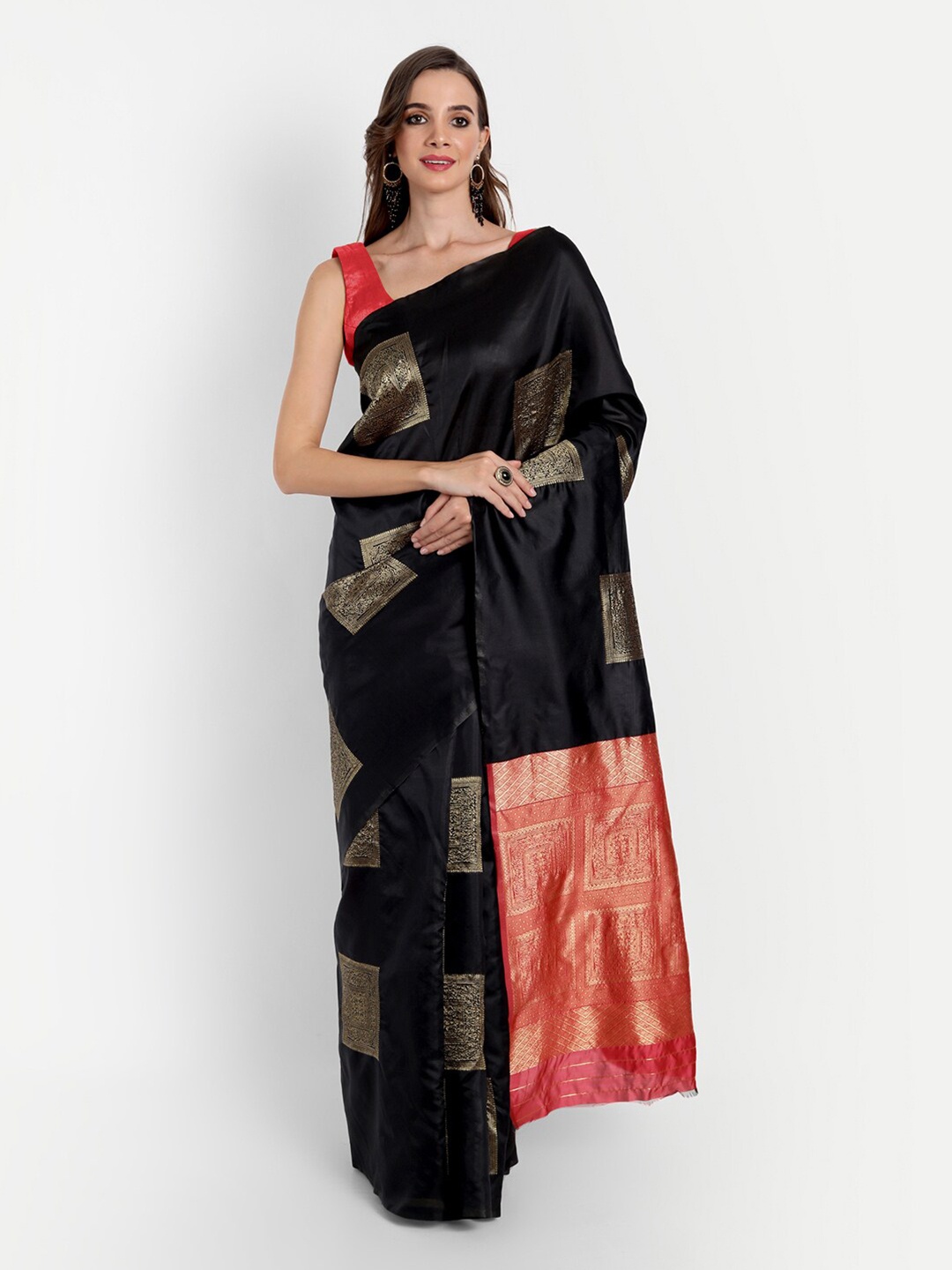 

ASPORA Black & Red Woven Design Zari Silk Blend Banarasi Saree