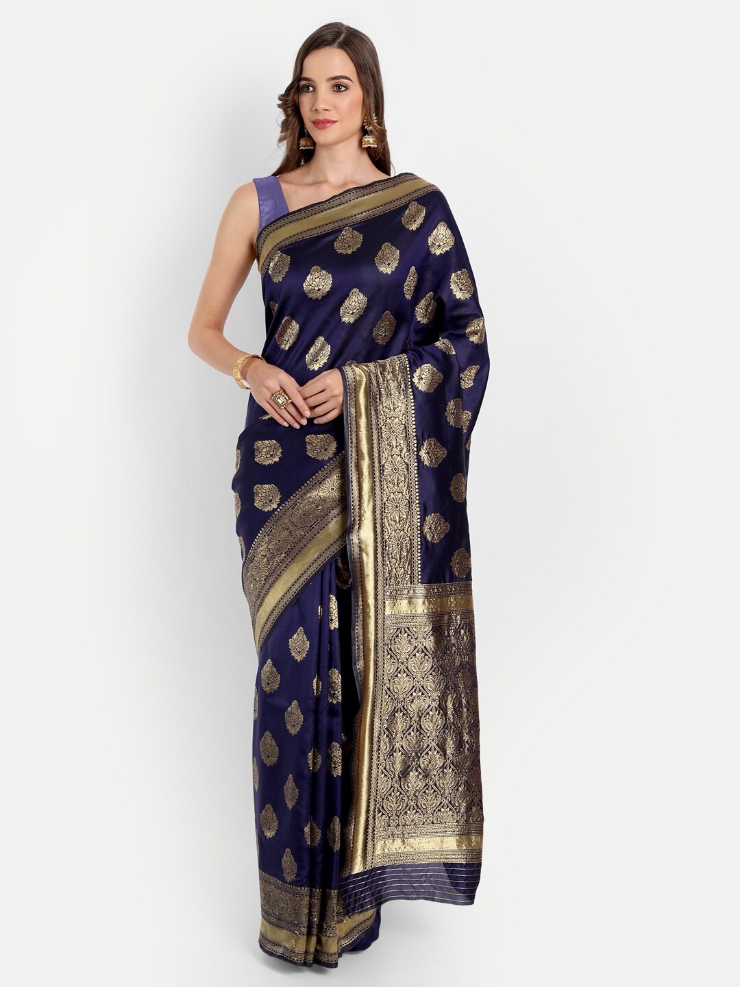 

ASPORA Navy Blue & Gold-Toned Woven design Silk Blend Kanjeevaram Saree