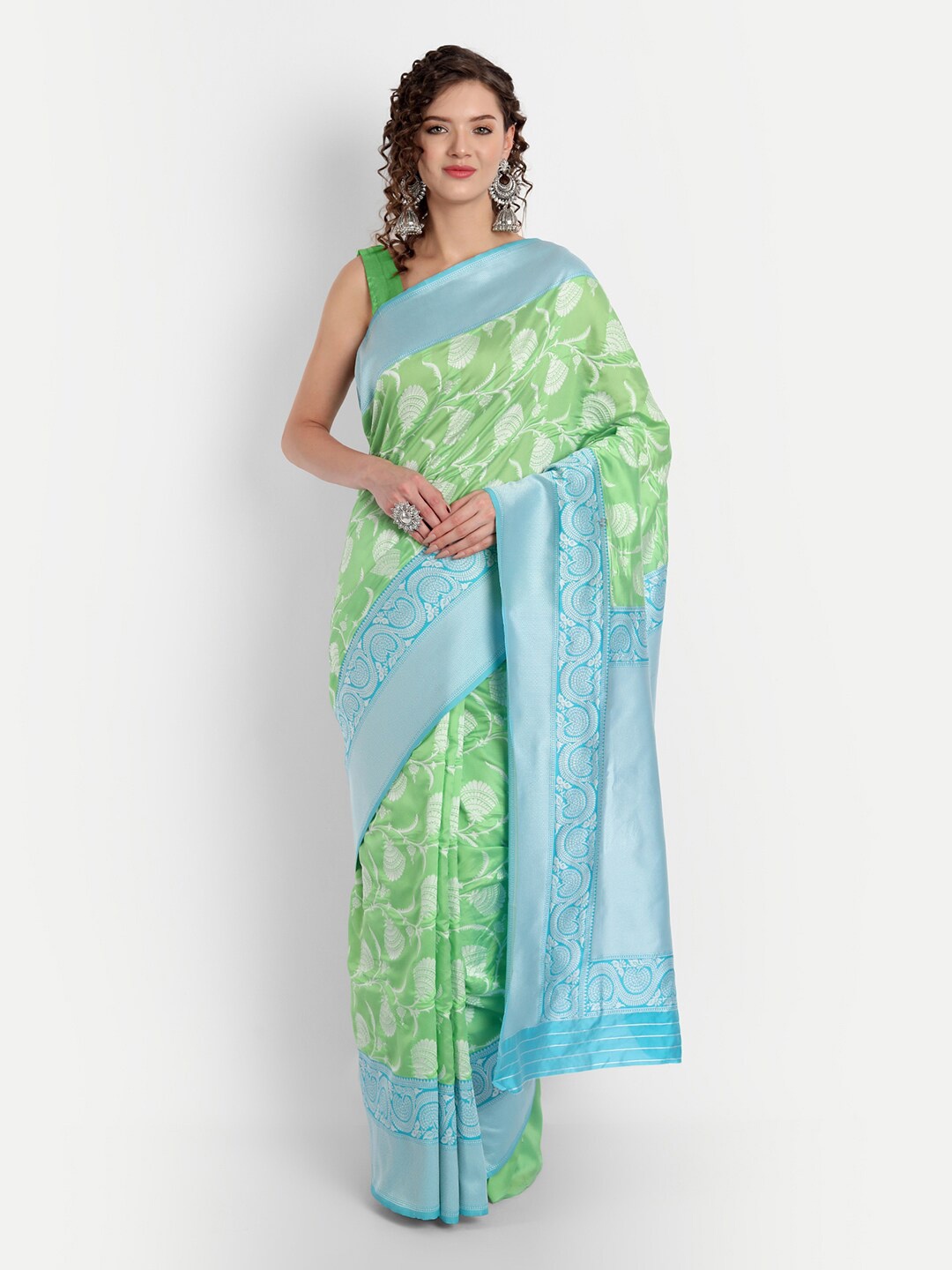 

ASPORA Green & Blue Floral Zari Silk Blend Kanjeevaram Saree