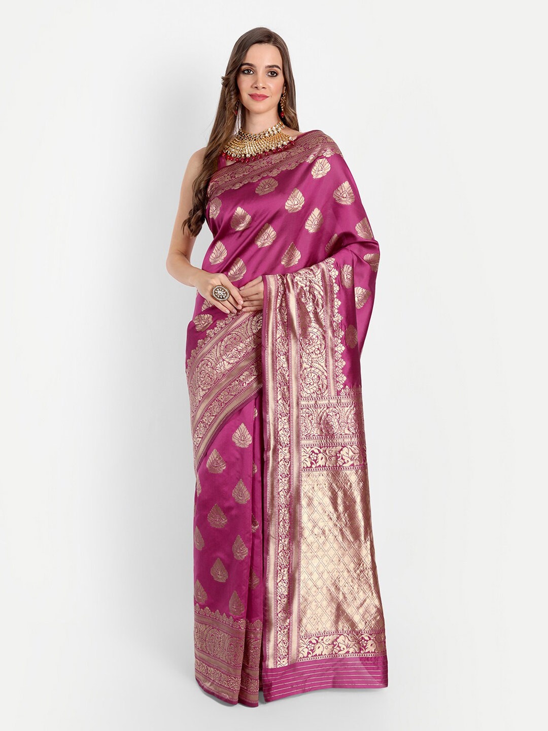 

ASPORA Pink & Gold-Toned Woven Design Zari Silk Blend Banarasi Saree