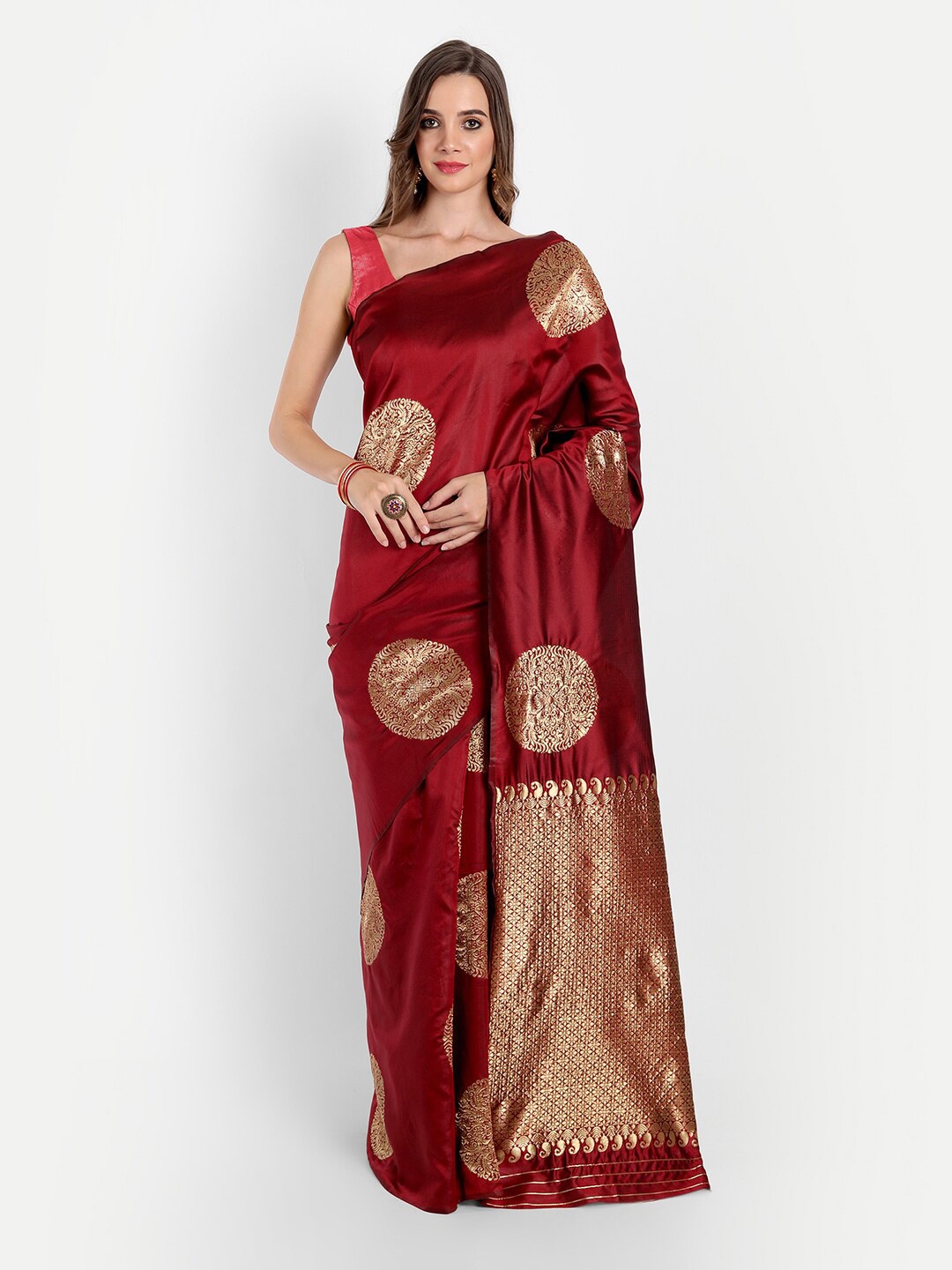 

ASPORA Maroon & Gold-Toned Ethnic Motifs Woven Design Zari Banarasi Saree