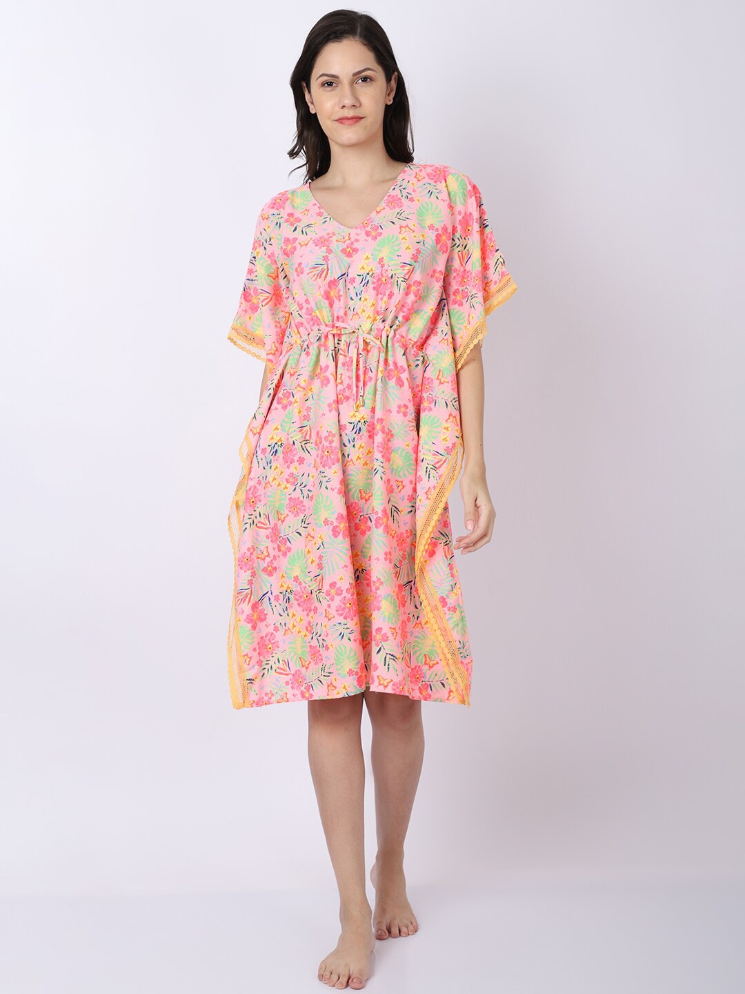 

EROTISSCH Pink & Sea Green Floral Printed Kaftan Nightdress