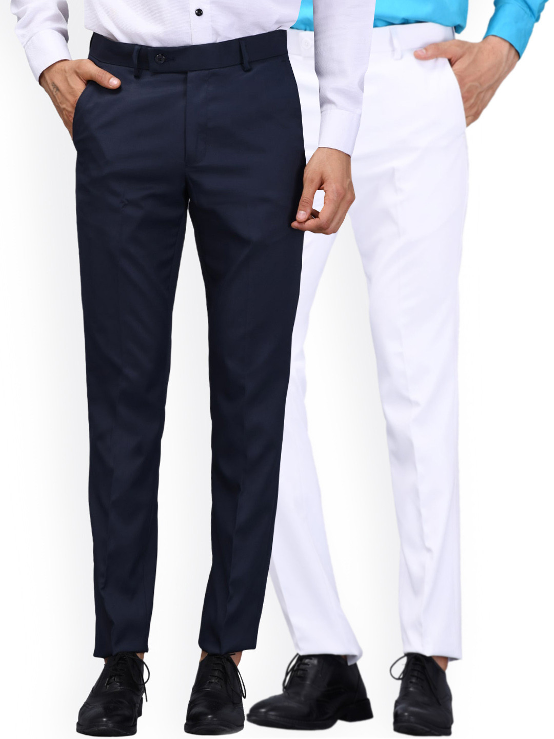 

Vandnam Fabrics Men White and Blue Set of 2 Smart Slim Fit Trousers