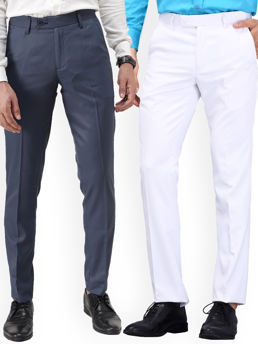 

Vandnam Fabrics Men White and Grey Pack of 2 Smart Slim Fit Trousers