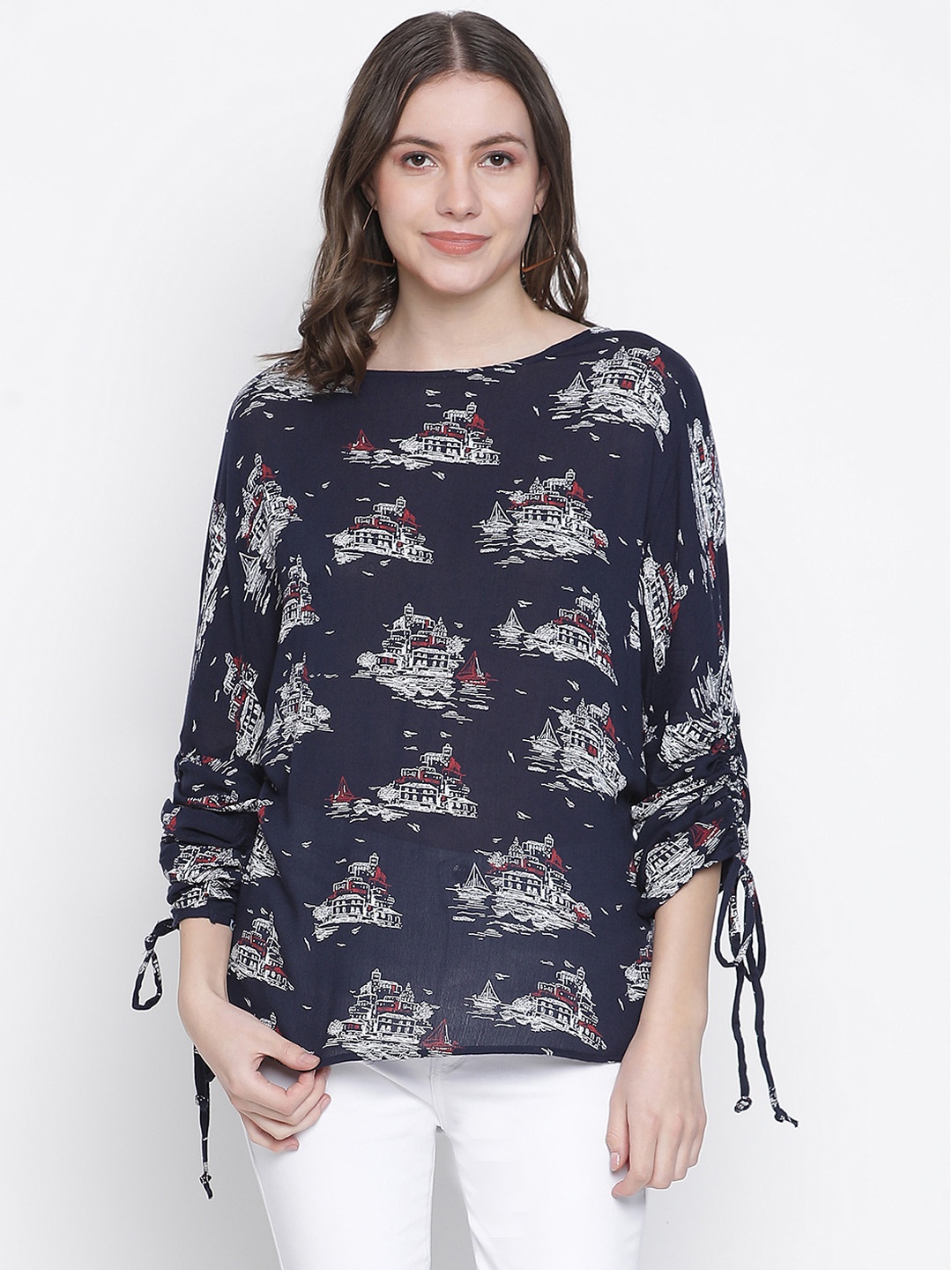 

Oxolloxo Navy Blue Print Crepe Top