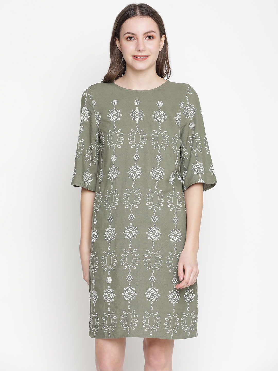 

Oxolloxo Khaki Ethnic Motifs A-Line Dress