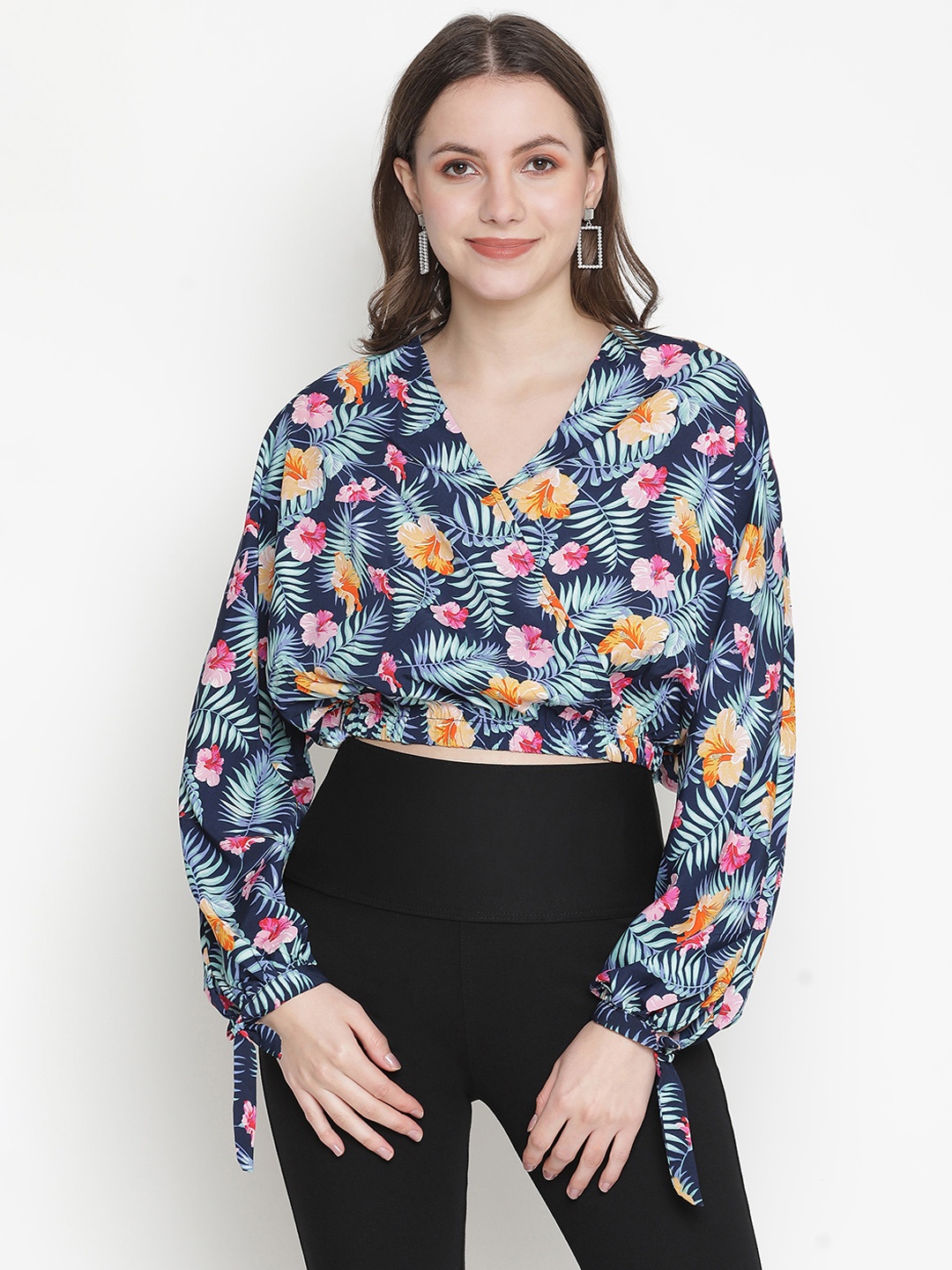 

Oxolloxo Women Navy Blue Floral Print V neck long Cuffed Sleeve Blouson Top
