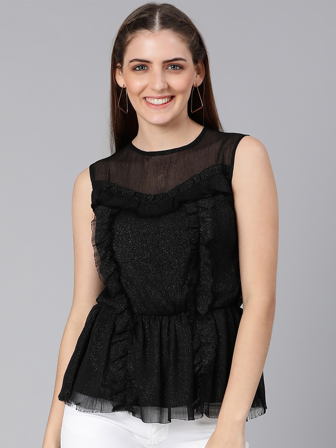 

Oxolloxo Women Black Ruffles Peplum Top