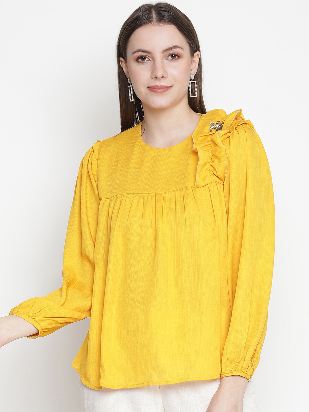 

Oxolloxo Yellow Solid Ruffled Empire Top