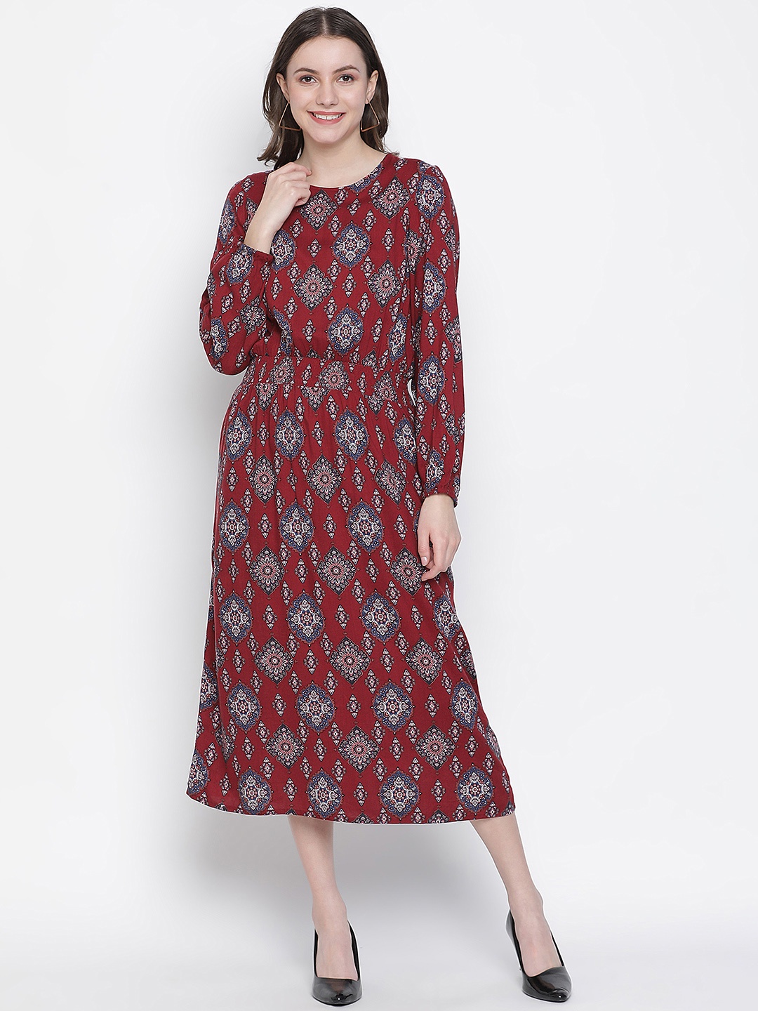 

Oxolloxo Women Maroon Ethnic Print Crepe A-Line Midi Dress