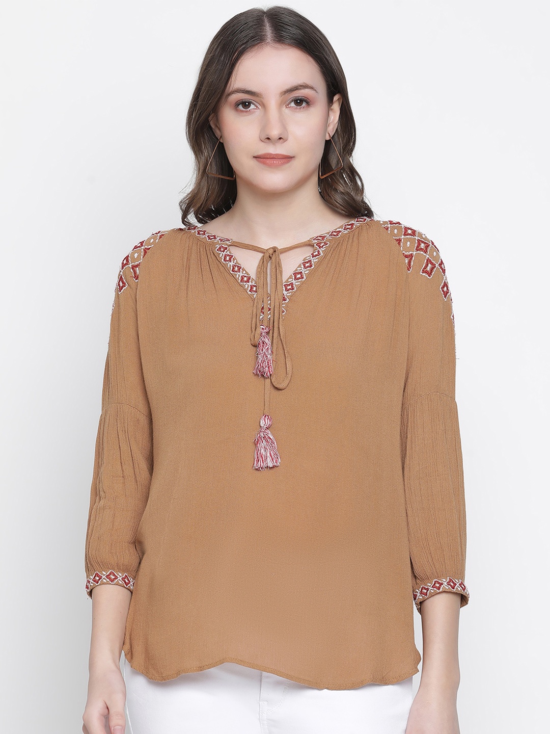 

Oxolloxo Brown Mandarin Collar Crepe Shirt Style Top