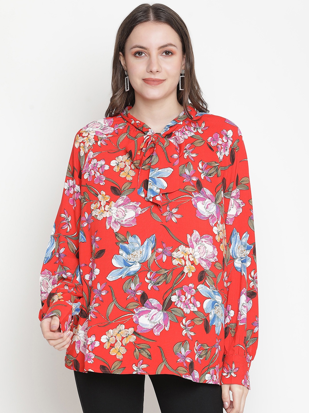 

Oxolloxo Red & Blue Floral Print Tie-Up Neck Crepe Shirt Style Top