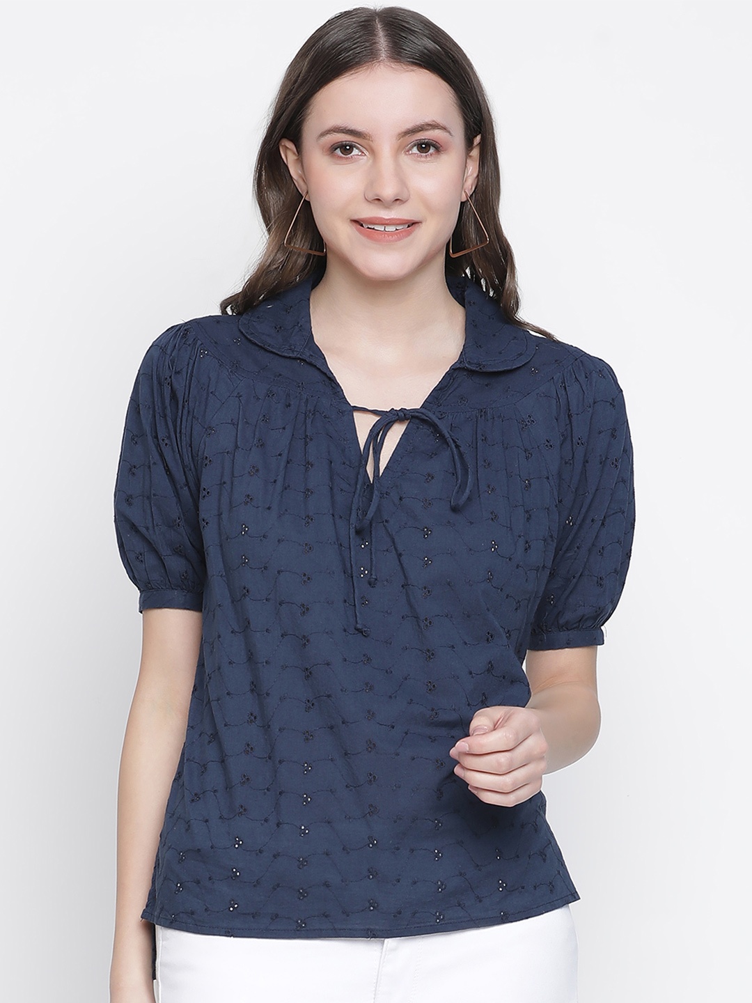 

Oxolloxo Navy Blue Self Design Mandarin Collar Top