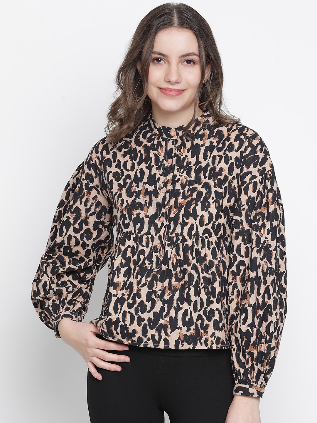 

Oxolloxo Women Brown Animal Print Mandarin Collar Neutral designer Crepe Top