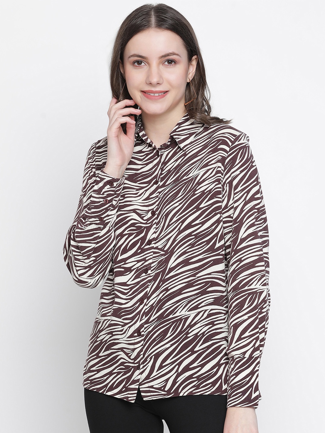 

Oxolloxo Women Brown Classic Semi Sheer Printed Casual Shirt