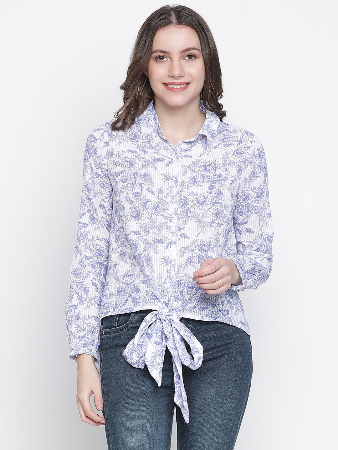 

Oxolloxo Women White Classic Floral Semi Sheer Printed Casual Shirt