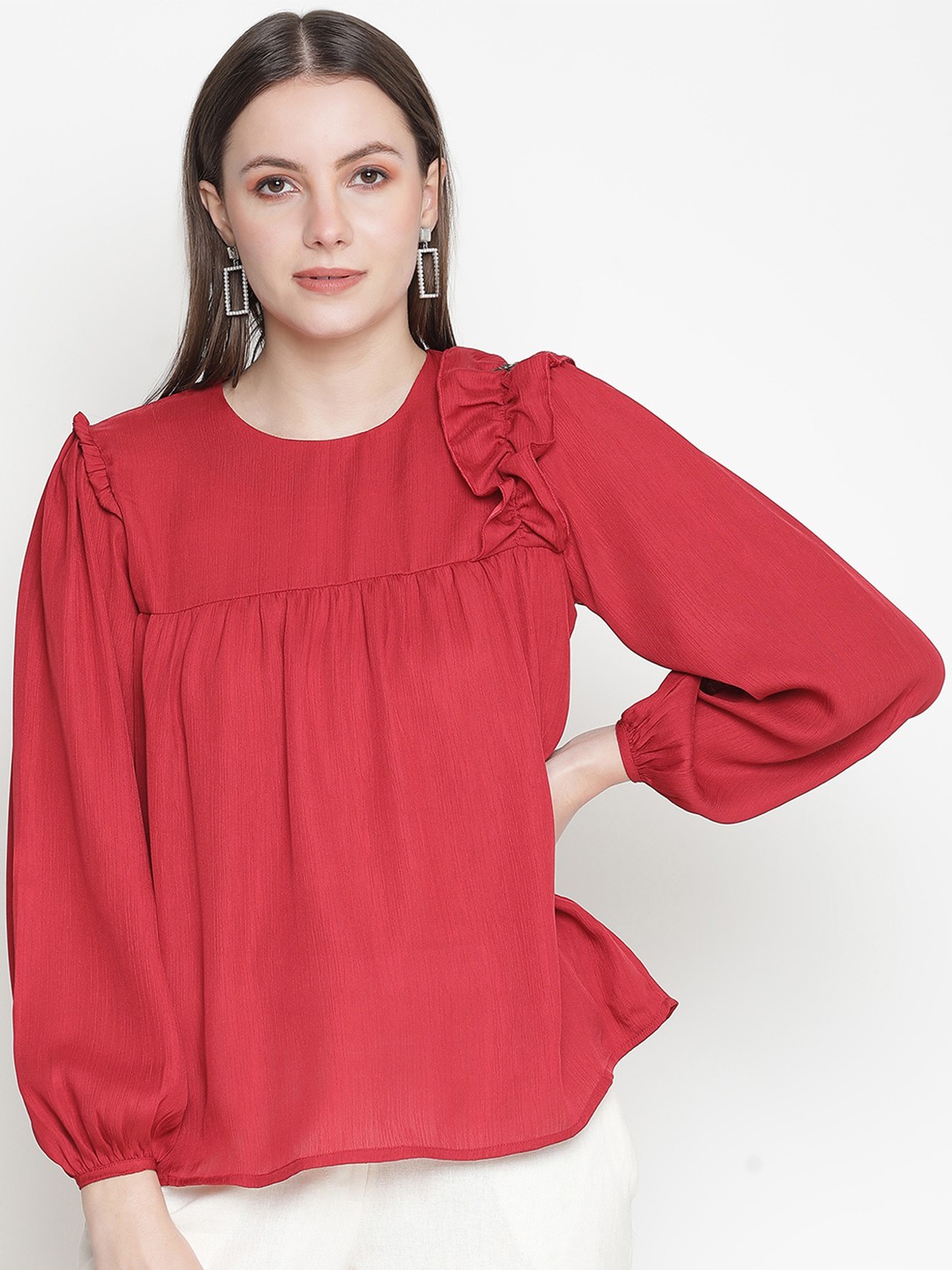 

Oxolloxo Red Solid Ruffled Puff Sleeves Empire Top