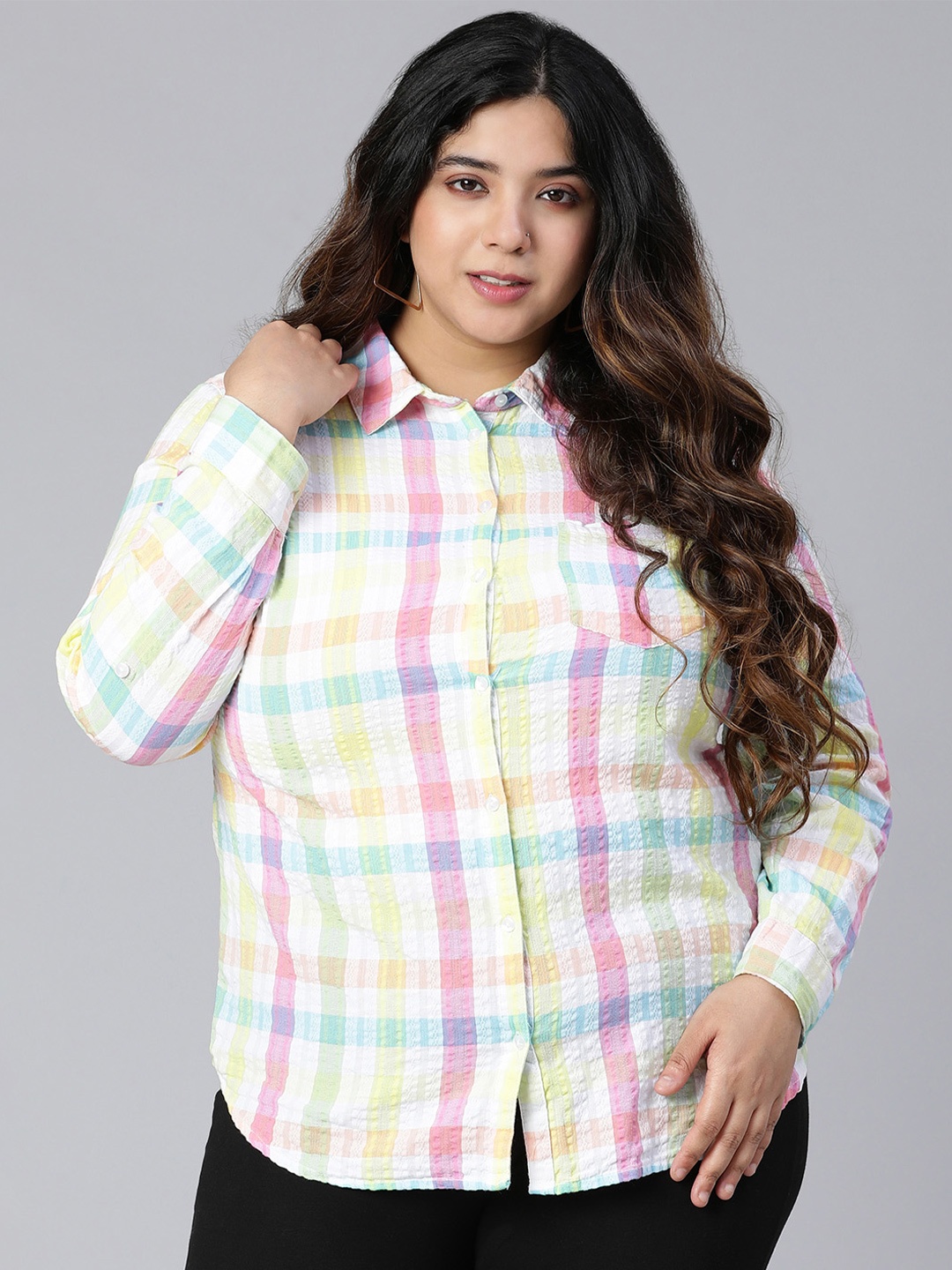 

Oxolloxo Women Multicoloured Classic Tartan Checks Semi Sheer Checked Casual Shirt, Multi